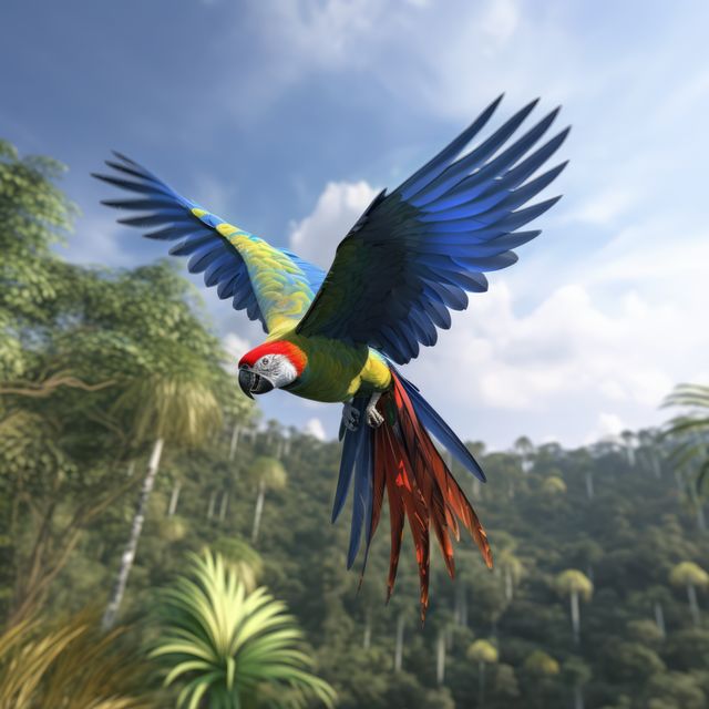 Vibrant scarlet macaw flying over lush rainforest with background of tall trees and clear sky. This bright and colorful bird, with its red, blue, and yellow feathers, can be perfect for themes on nature, wildlife conservation, exotic animals, and tropical environments. It can also add a splash of color to travel blogs, educational materials, and decorative design projects.