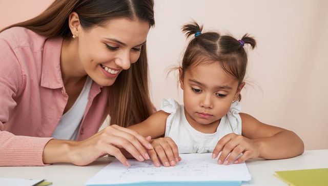 Smiling tutor guiding young child tracing worksheet during focused early learning session