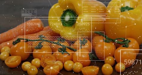 Yellow bell peppers and cherry tomatoes showing data HUD overlay for food analytics