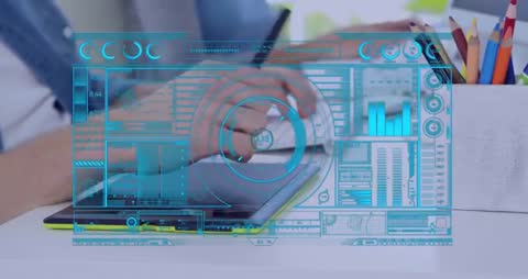 Hands Typing with Futuristic Virtual Interface Animation