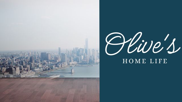 This stock photo features the text 'Olive's Home Life' in white against a blue background on the right side, superimposed over a modern cityscape view with high-rise buildings and a waterfront. Ideal for lifestyle blogs, urban living websites, or social media content that focuses on city life or personal journals.