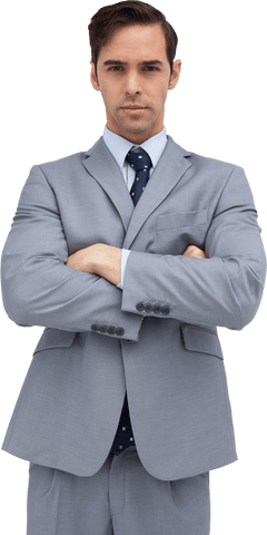 Confident Young Businessman in Gray Suit with Arms Crossed Transparent Background