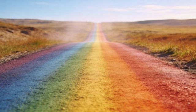 Stretching rainbow-striped road running toward sunlit horizon across open grassy plain