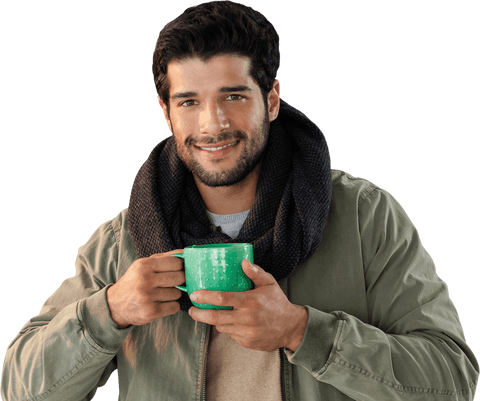 Smiling Man Holding Mug in Studio with Transparent Background