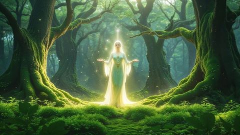 Enchanted god glowing in mystical forest clearing
