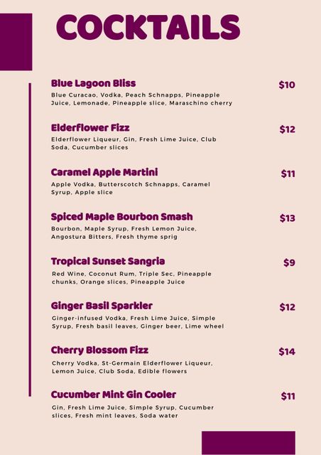Bright pink-themed cocktail menu design displaying various special drinks including Blue Lagoon Bliss, Elderflower Fizz, Caramel Apple Martini, and more. Each drink is listed with its ingredients and prices, making it perfect for bar use, party invitations, menu layouts, or digital screens in lounges.