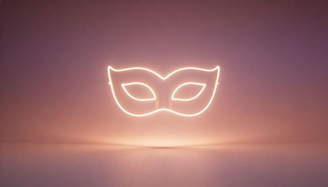 Glowing neon masquerade mask outline floating on pink purple gradient with ambient glow