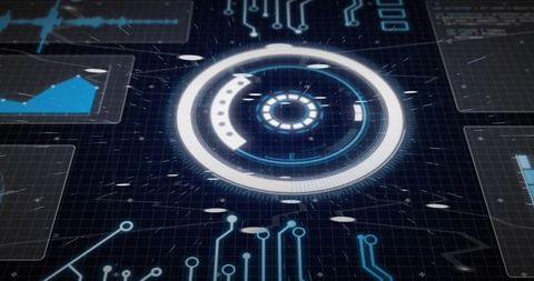Futuristic Holographic HUD Interface with Neon Circular Data Display and Circuit Traces
