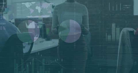 Businesswomen Analyzing Data with Tablet in High-Tech Office