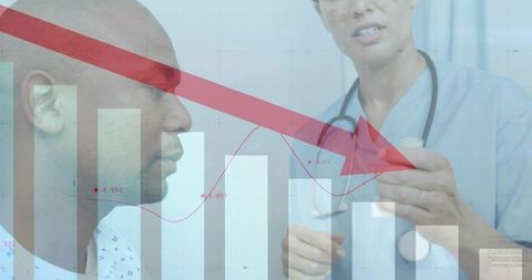 Clinician consulting patient with data overlay showing declining healthcare analytics trend