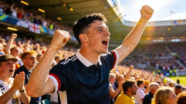 Young football fan cheering and raising fists in crowded stadium celebrating goal