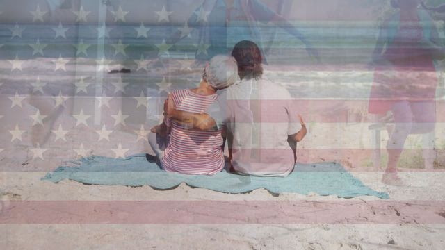 Senior couple enjoying a peaceful moment at the beach, sitting on a blanket and embracing. Children running and playing on a school ground overlaying an American flag add a sense of joy and patriotism. Ideal for use in videos and campaigns focused on retirement, family values, and American unity.