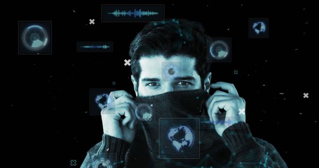 Man covering lower part of face with dark scarf, surrounded by digital icons like globes, waves, and eyes, representing cybersecurity and digital anonymity. Suitable for articles, blogs, and presentations on cyber security, digital privacy, hacking threats, and online surveillance.