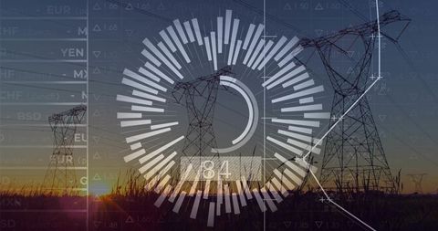 Radial energy dashboard overlaid on sunset transmission towers showing grid performance