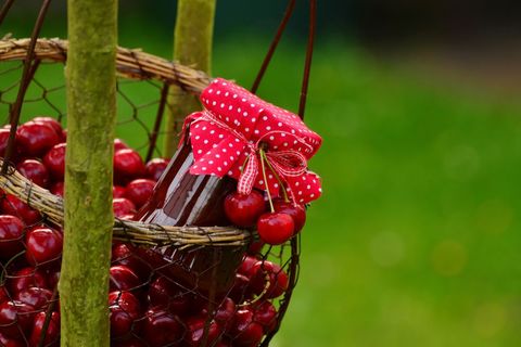 Rustic basket of fresh cherry background with homemade jam