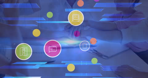 Diverse Team Collaboration with Digital Icons Overlay