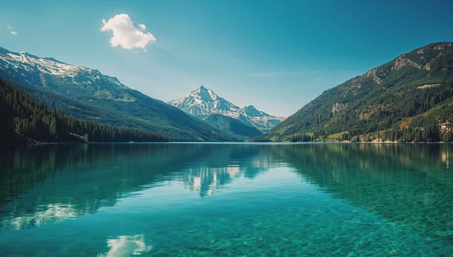 Tranquil alpine lake reflecting snow-capped mountain peak