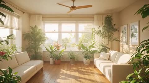 Sunlight Streaming Through Window, Houseplants Swaying and Ceiling Fan Turning in Living Room