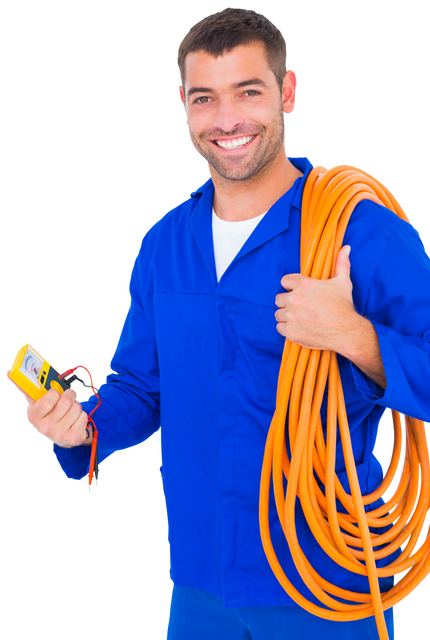 Portrait Transparent of Smiling Electrician with Wire Roll and Multimeter - Download Free Stock Videos Pikwizard.com