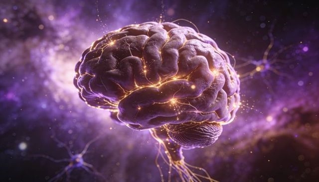 Floating human brain radiating golden neural pathways in violet cosmic nebula