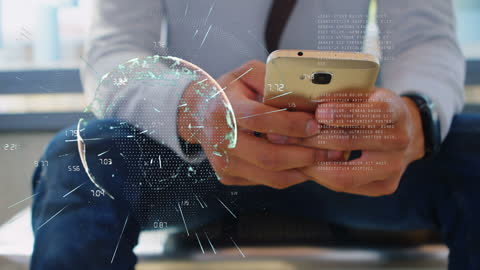 Businessman Engaging with Smartphone and Data Network Visualization
