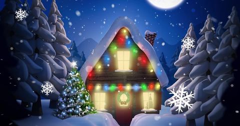 Cozy Snow-Covered House with Christmas Lights and Falling Snowflakes - Download Free Stock Images Pikwizard.com