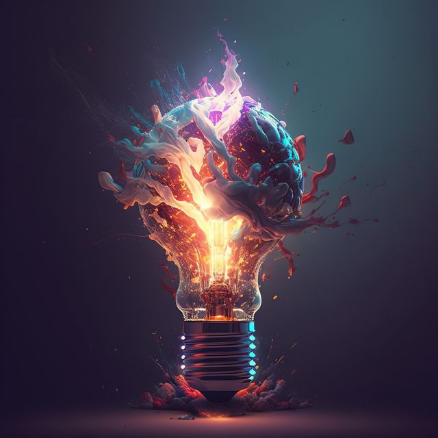 This vibrant and dynamic image depicts an exploding neon light bulb, symbolizing creativity and innovation. Perfect for use in marketing materials, creative projects, and presentations emphasizing new ideas, inspiration and artistic talent.