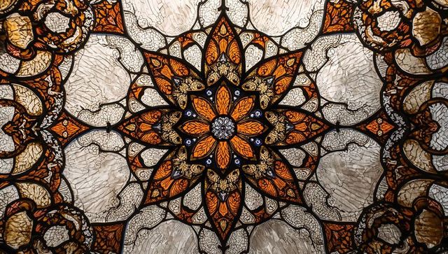 Ornate stained glass dome with geometric floral pattern
