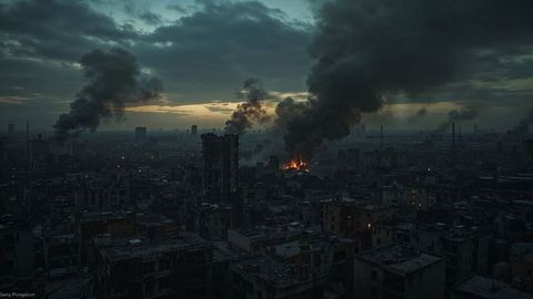 Apocalyptic urban airstrikes destruction with burning skyline and dark smoke