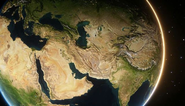 Orbiting earth highlighting arabian peninsula, middle east and south asia at sunrise