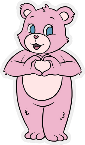 Cartoon pink teddy bear forming heart shape on transparent background