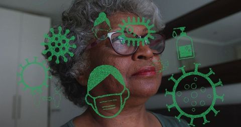 Senior african american woman with pandemic icons covid-19 concept