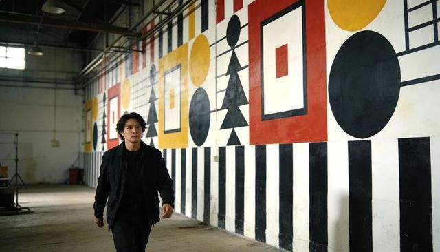 Walking asian man passing bold geometric mural in industrial warehouse interior