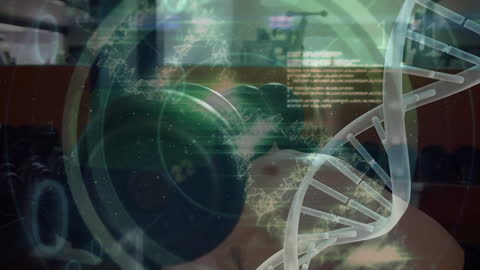 Futuristic DNA Strand with Digital Interface Technology Overlay