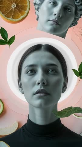 Vertical video pulsing halo around sculpted bust with drifting citrus for wellness brand