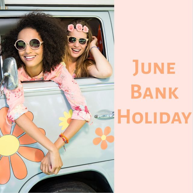 Digital composite image of june bank holiday text by happy caucasian women enjoying in van. transportation, lifestyle and holiday concept.