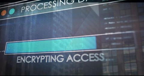 Encrypting access ux overlay on glass facade with progress bar and city reflection