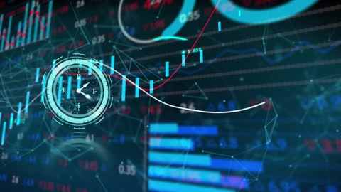 Digital Clock Over Financial Data Chart and Network