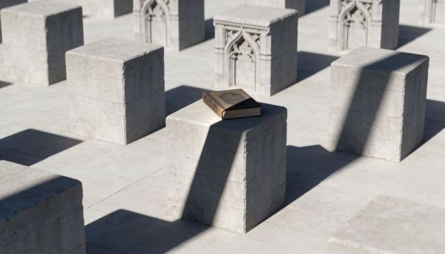 Ornate hardcover book resting on concrete pedestal in geometric courtyard