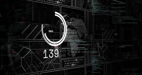 Futuristic Digital HUD Dashboard Displaying Global Analytics and Rotating Progress Readout