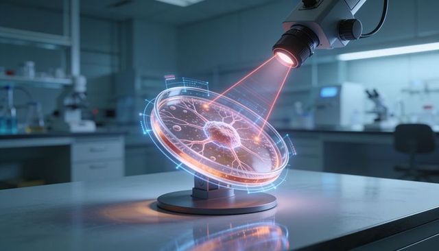 Projecting holographic neural cell above petri dish in research lab with laser microscope