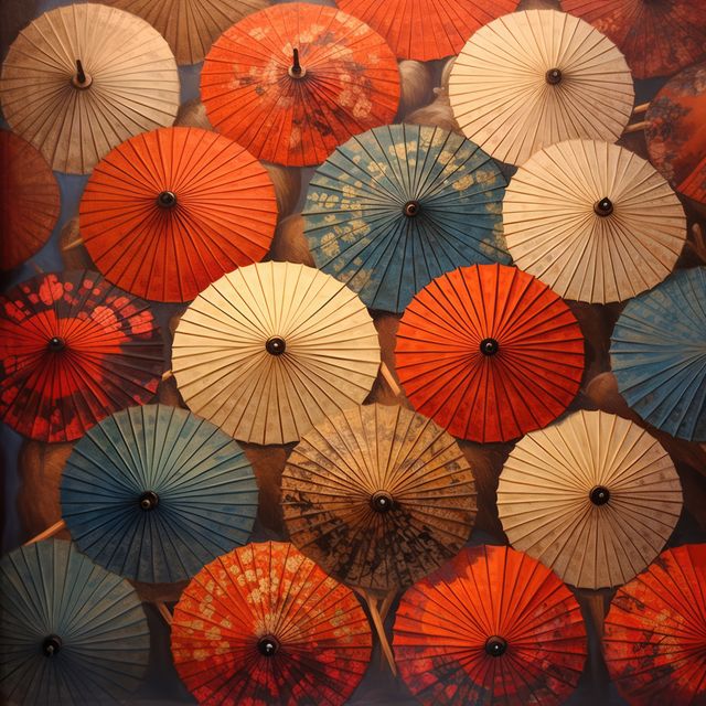 Colourful chinese umbrellas with floral patterns, created using generative ai technology. Protection, weather, decoration and chinese culture concept digitally generated image.