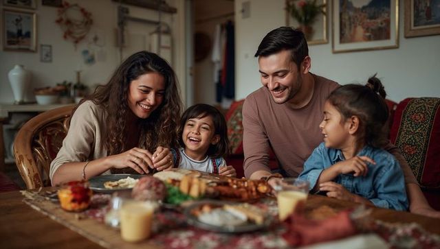 Cozy family brunch laughing together around wooden table sharing pastries and juice