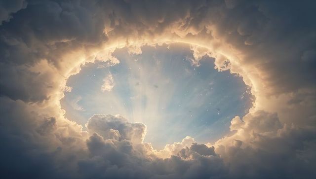 Revealing circular cloud opening framing golden sunburst over blue sky
