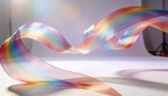 Translucent rainbow ribbon drifting and twisting in studio light with iridescent gradient