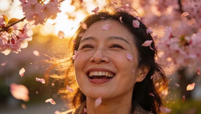 Sunlit asian woman smiling under cherry blossoms with falling petals, joyful spring portrait