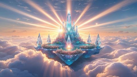 Floating crystal island above cloudscape with radiant light