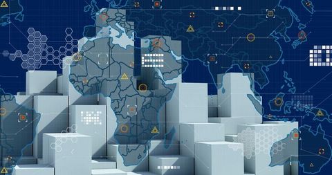 Abstract Cuboid Blocks with Digital World Map Background