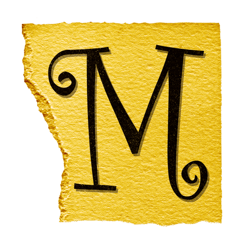 Ornamental letter m on torn yellow paper with transparent background