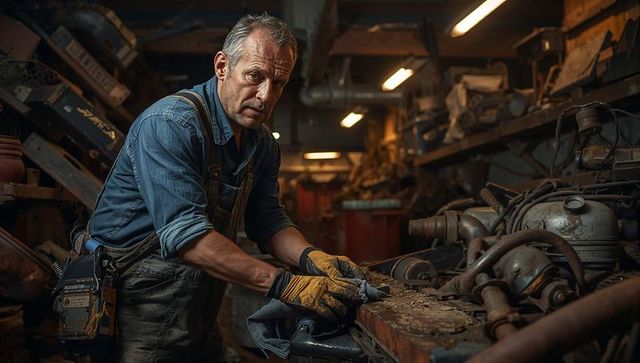 Mechanic inspecting rusty engine parts in dim workshop
